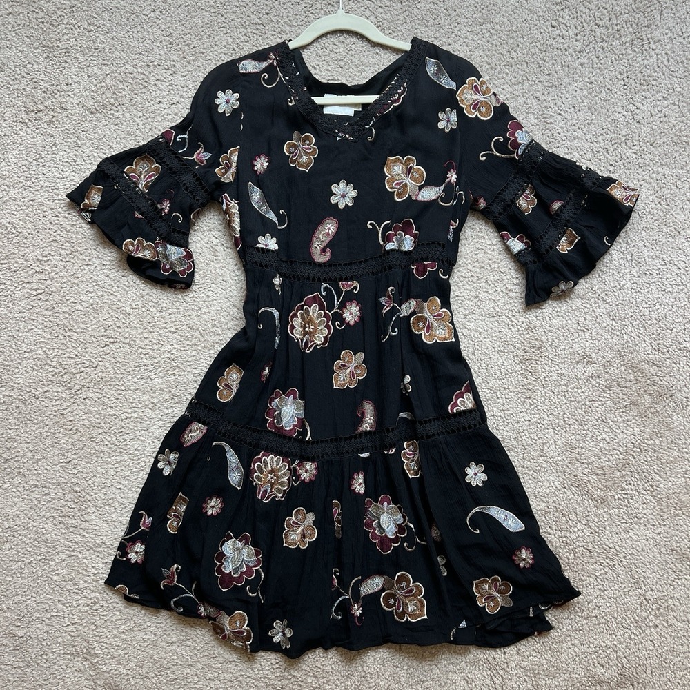 Anthropologie‎ Eri Ali Black Short Dress Embroidered Flowers Ruffled Sleeves M